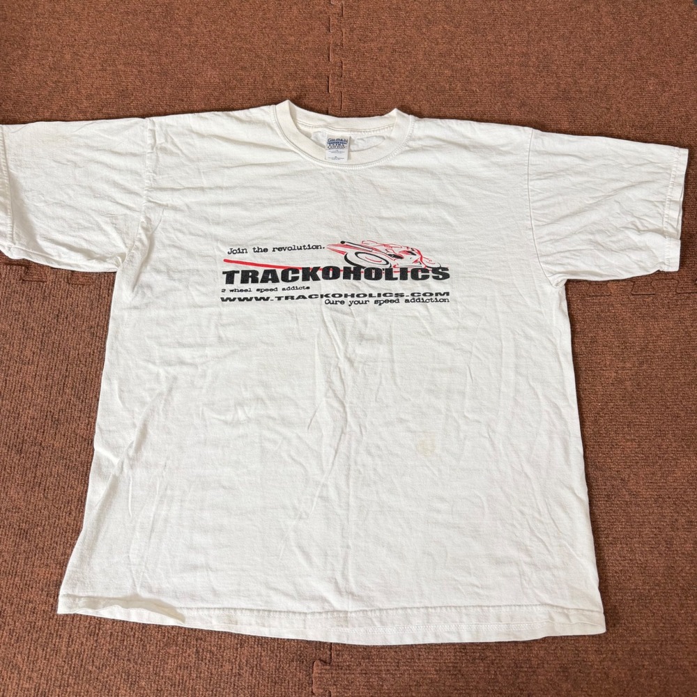 Gildan Trackoholics Motorcycle Graphic T-Shirt Mens XL White Short Sleeve Tee B+